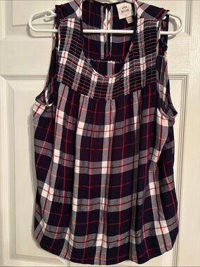 Knox Rose Navy, White & Red Plaid Smocked Neck Sleeveless Top